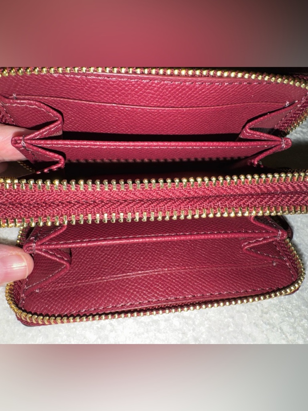 COACH Metallic Burgundy Zip Card Holder Mini Wallet with Gold Logo NWOT - Picture 2 of 4